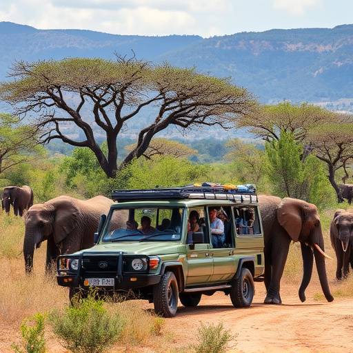 A safari vehicle filled with tourists observing elephants in Kruger National Park.
