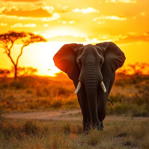 African elephant walking in Kruger National Park at sunset
