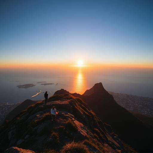 Hikers admiring the sunrise from the top of Lion's Head mountain in Cape Town.