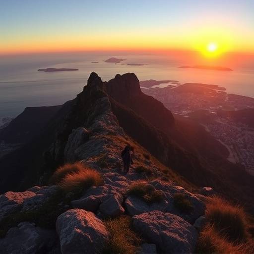 Hikers ascending Lion's Head mountain in Cape Town at sunset