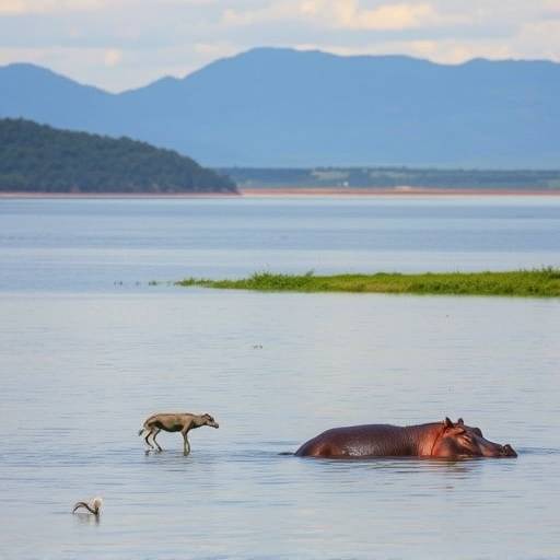 Lake St. Lucia in iSimangaliso Wetland Park with hippos in the water