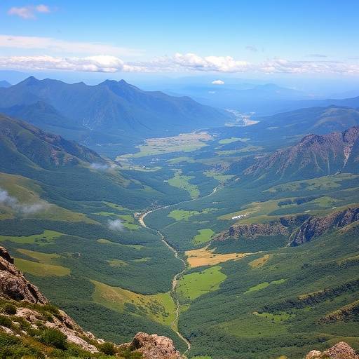 Panoramic view of the Drakensberg mountains with lush green valleys.