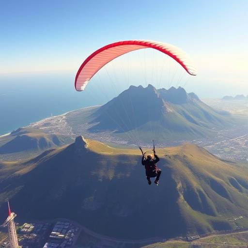 Paraglider soaring over Cape Town with Table Mountain in the background
