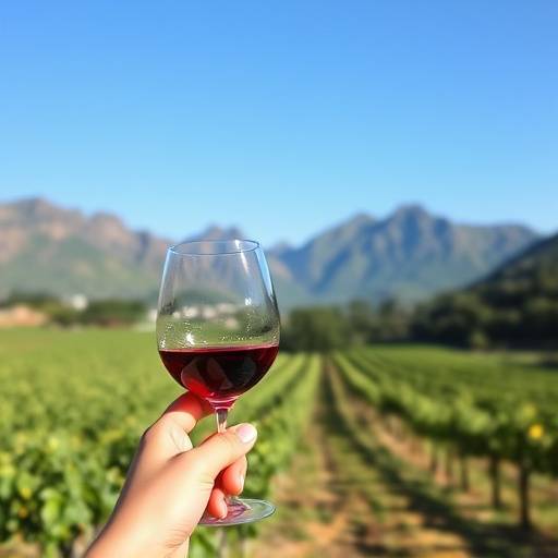 People wine tasting at a vineyard in Stellenbosch with mountains in the background.