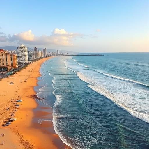 Sandy beach and blue waters of Durban's Golden Mile.