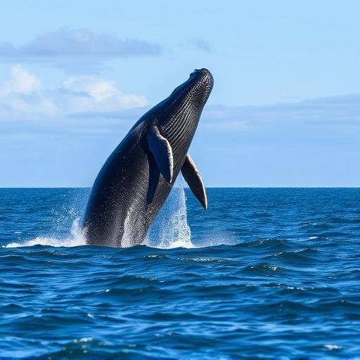Southern Right Whale breaching in the ocean near Hermanus