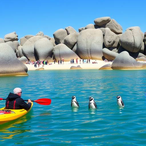 Tourists kayaking through calm waters surrounded by penguins at Boulders Beach.