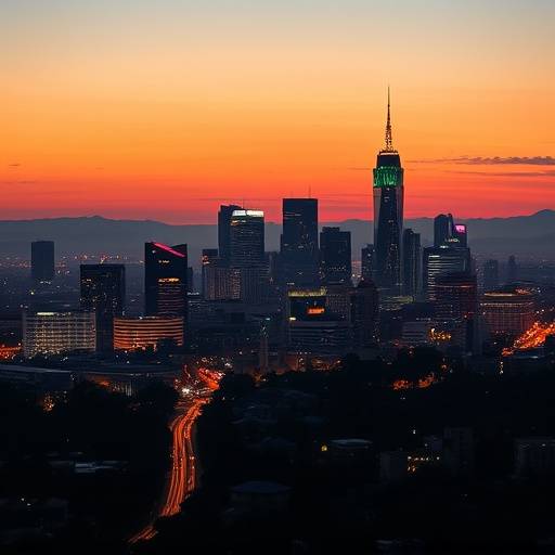 View of the city skyline of Johannesburg at dusk