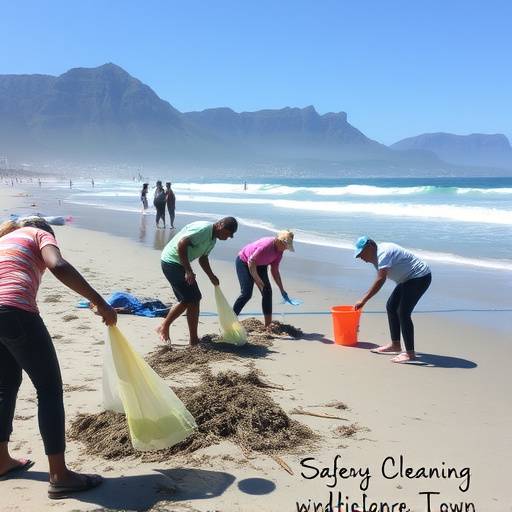 Volunteers cleaning a beach in Cape Town, South Africa